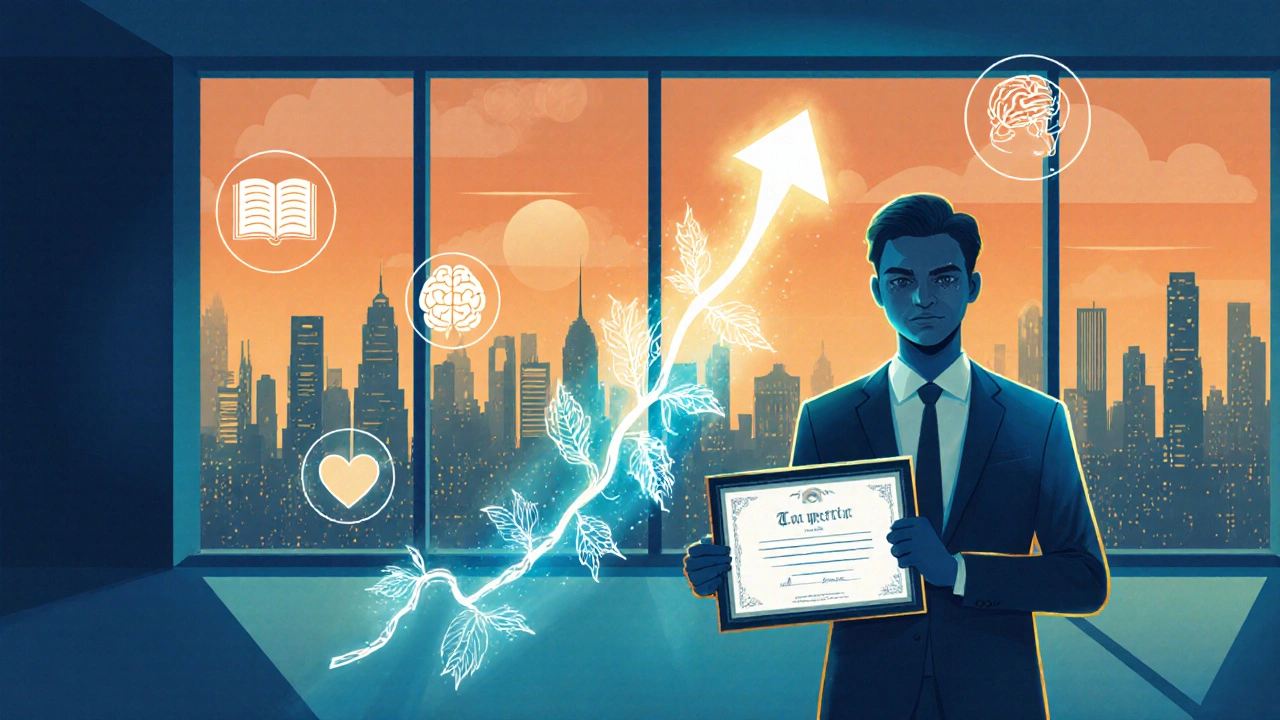 Digitální umění – praktik s certifikátem a světelnou vinou, městská obloha.