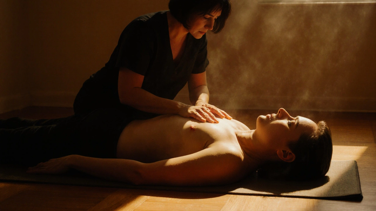 Klient a terapeut v tiché prostředí, kde terapeut vede tok energie po těle.
