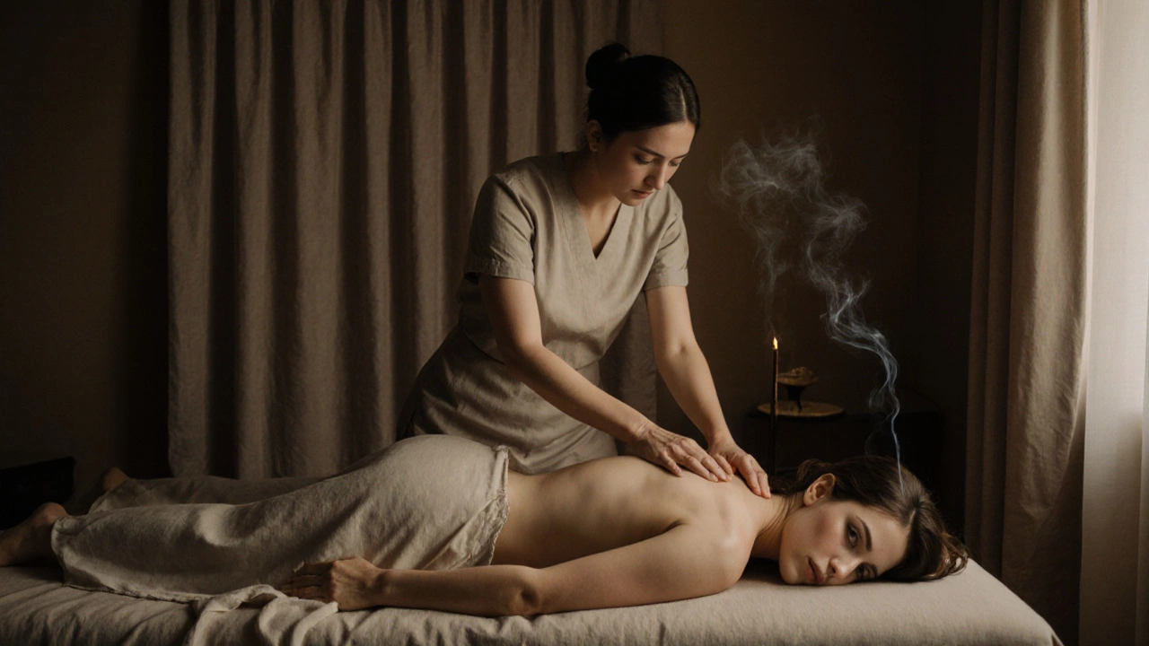 Masérka jemně masíruje záda ženy, která leží na podložce, v klidném, útulném prostředí.