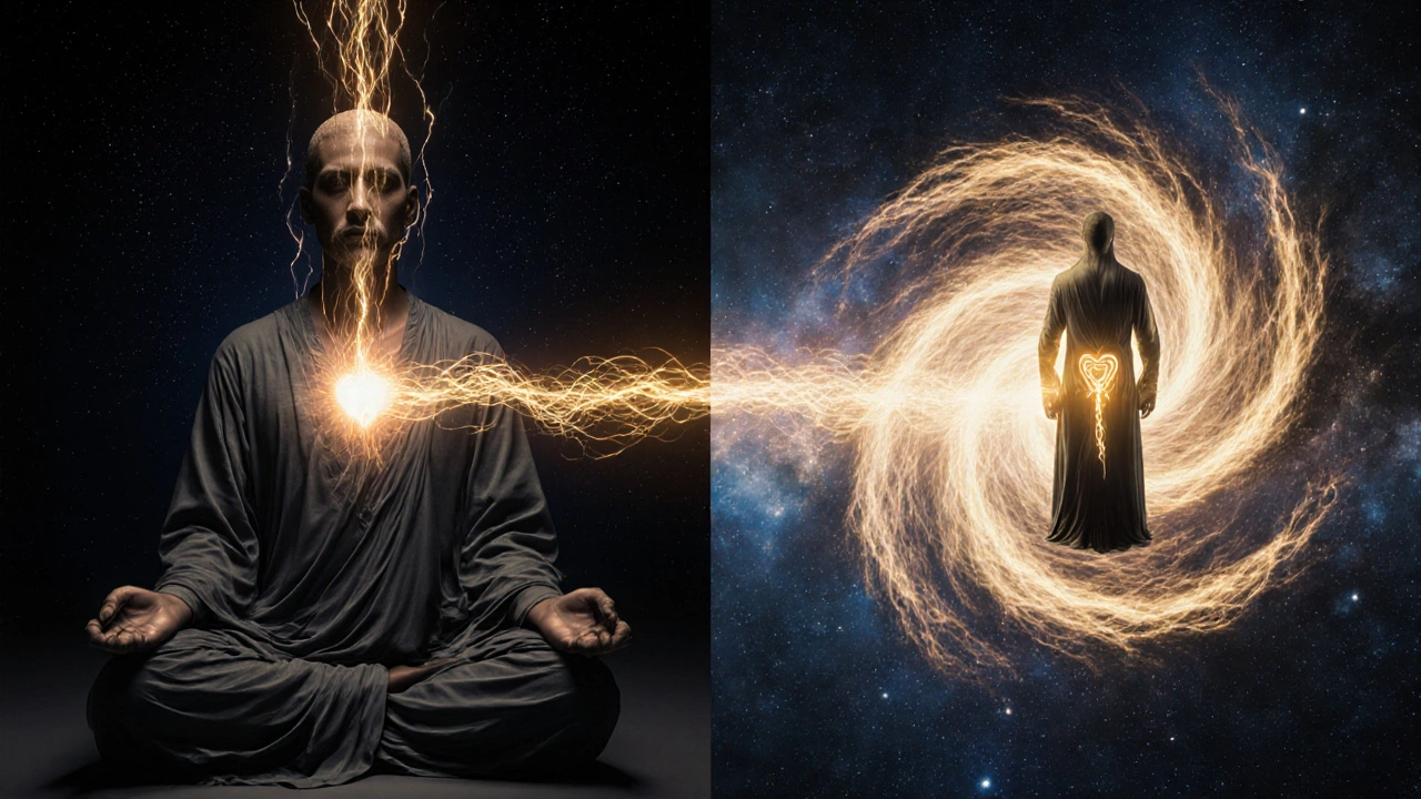 Symbolická scéna spojující duchovní a smyslnou tantrickou energii zlatými linkami.