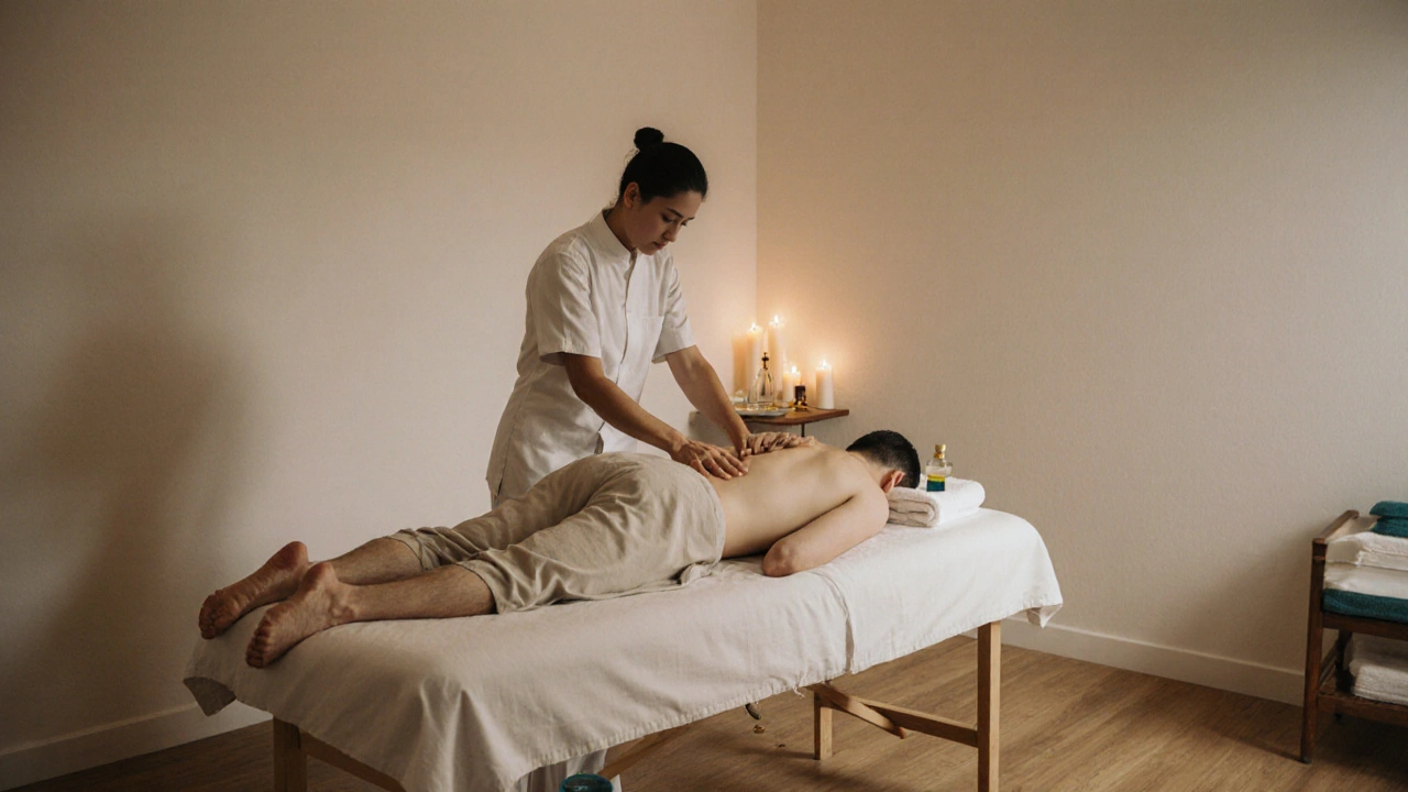 V luxusním spa masérka provádí jemnou masáž oblasti pánevního pásu klienta, obklopená tlumeným osvětlením.