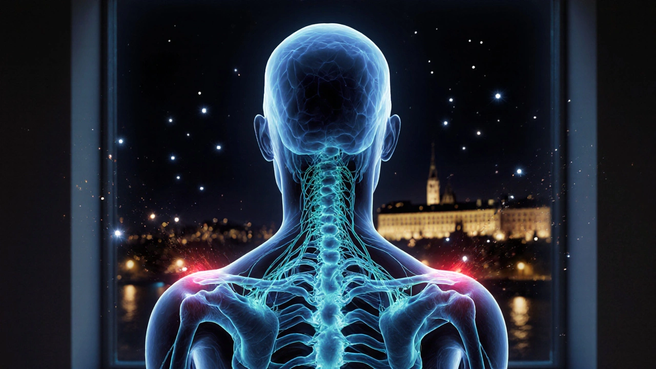 Abstraktní znázornění nervového systému s uvolňujícími signály v těle.