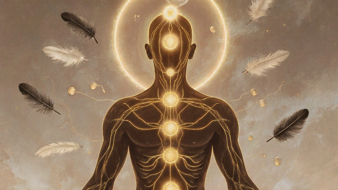 Abstraktní znázornění zlatých energetických toků v těle spojujících čakry v pánvi, prsích a perineu.