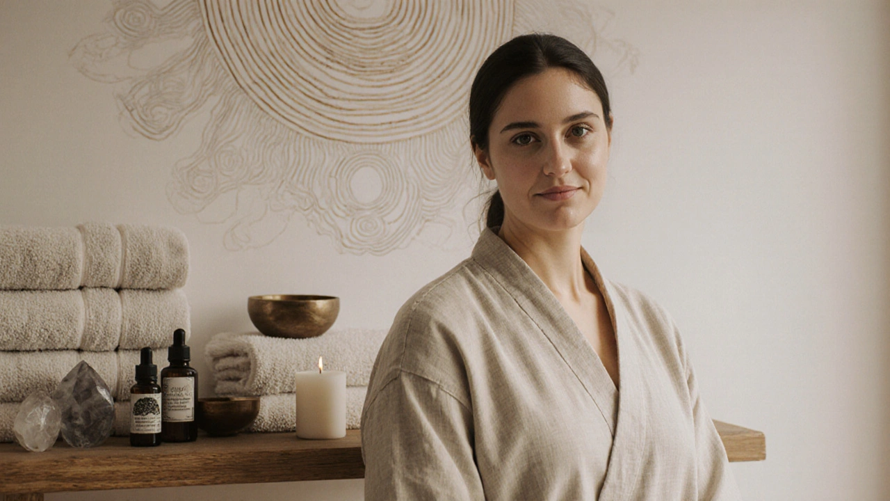 Certifikovaná masérka stojí u regálu s rituálními předměty v klidném, přirozeném osvětlení.