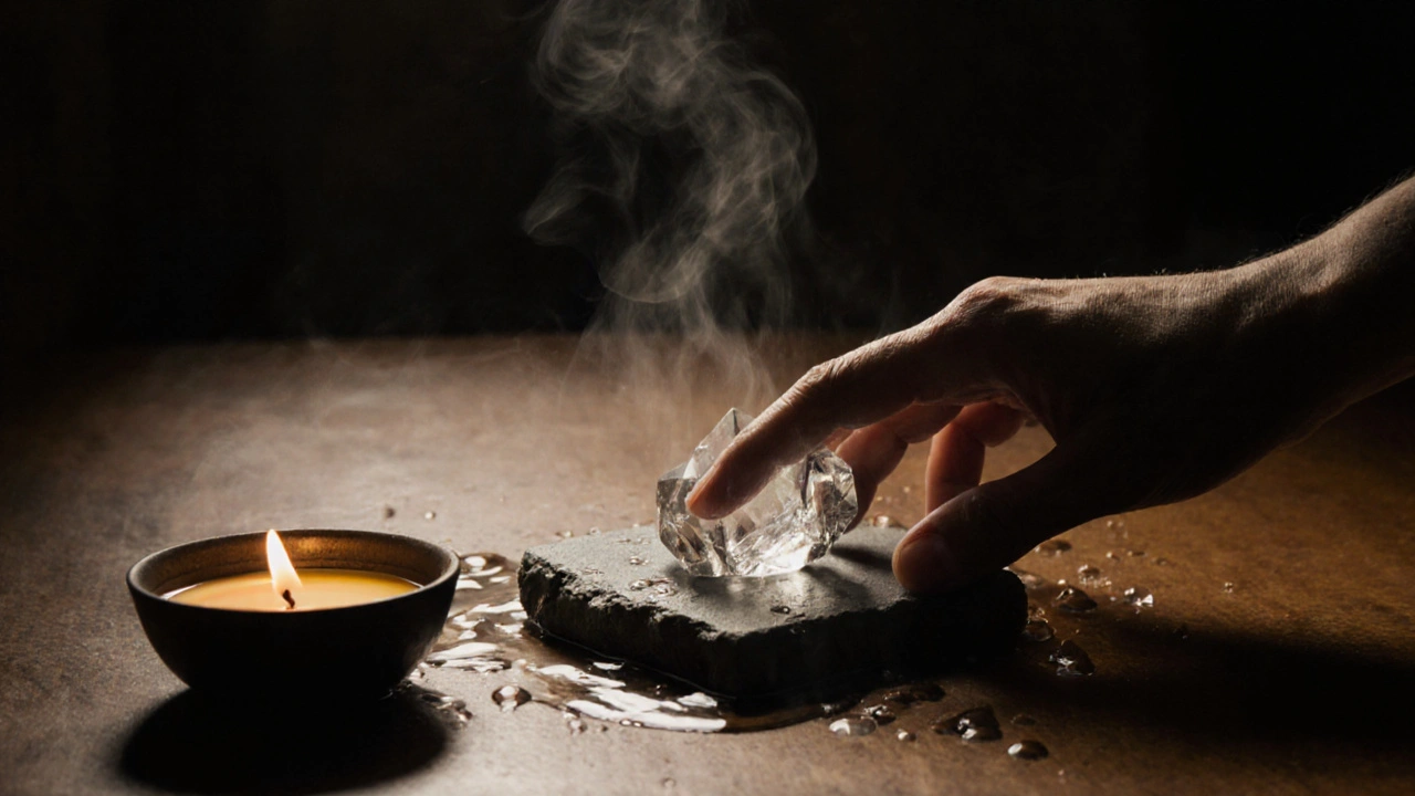 Čištění kamene v klidné místnosti s jen svíčkou a olejem.