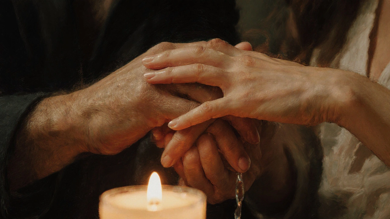 Dva ruce — muže a ženy — jemně podržují penis v něžném, ne-sexuálním doteku.