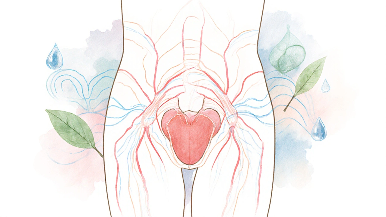 Minimální ilustrace s anatomickými čarami ukazujícími krevní oběh v pánvi a penisu.