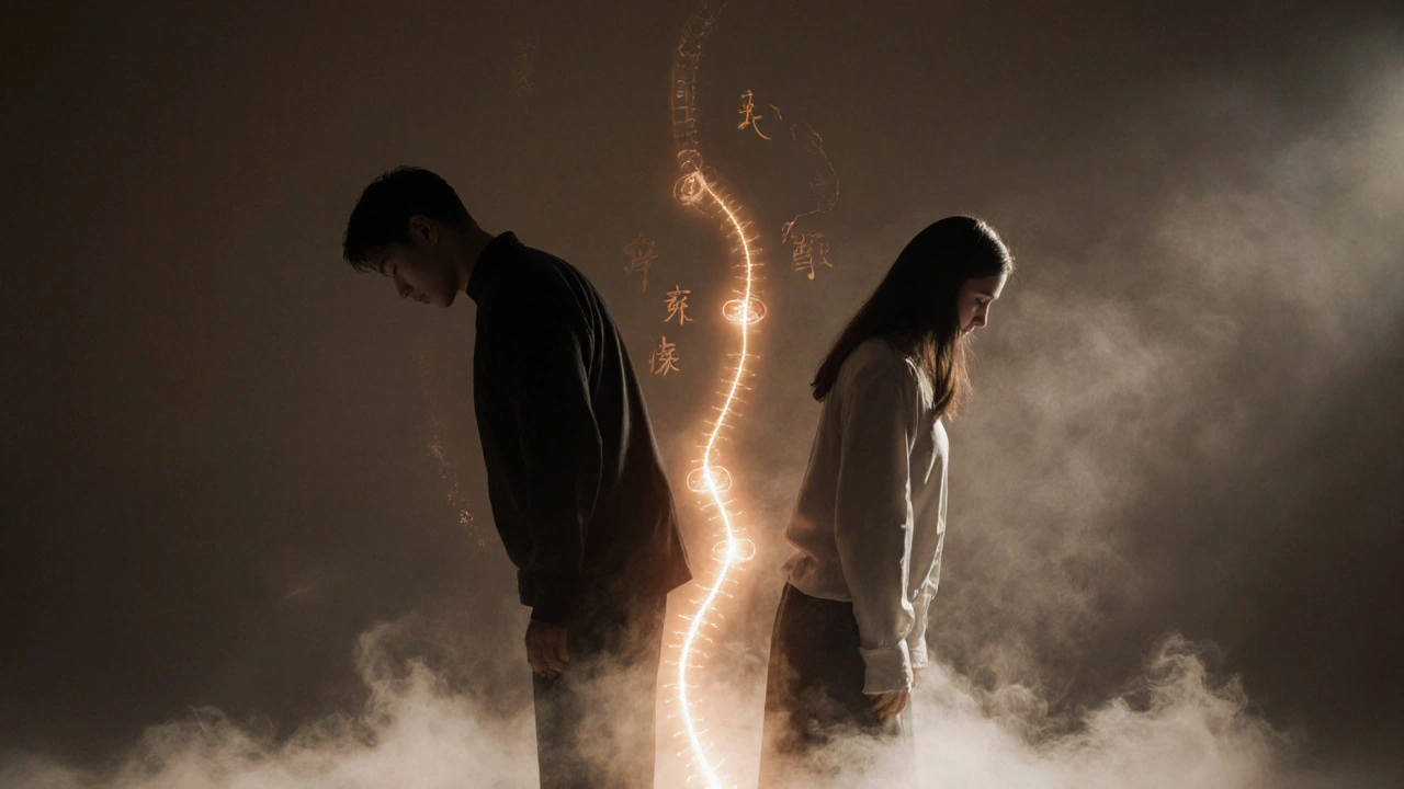 Muž a žena stojí zády k sobě, mezi nimi světelný proud symbolizující energetickou spojenost.