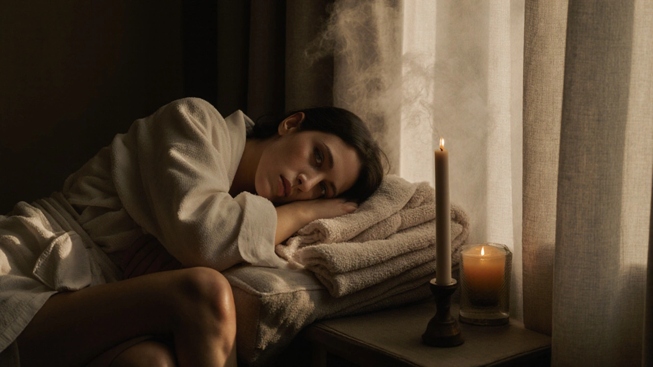 Osoba po masáži leží na polštáři, oči zavřené, slzy na tváři, obalená v plátně, svíčka září v pozadí.