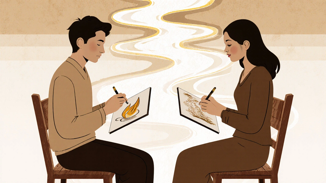 Pár kreslí obrazy na papíře, přičemž se navzájem pozorují bez slov.