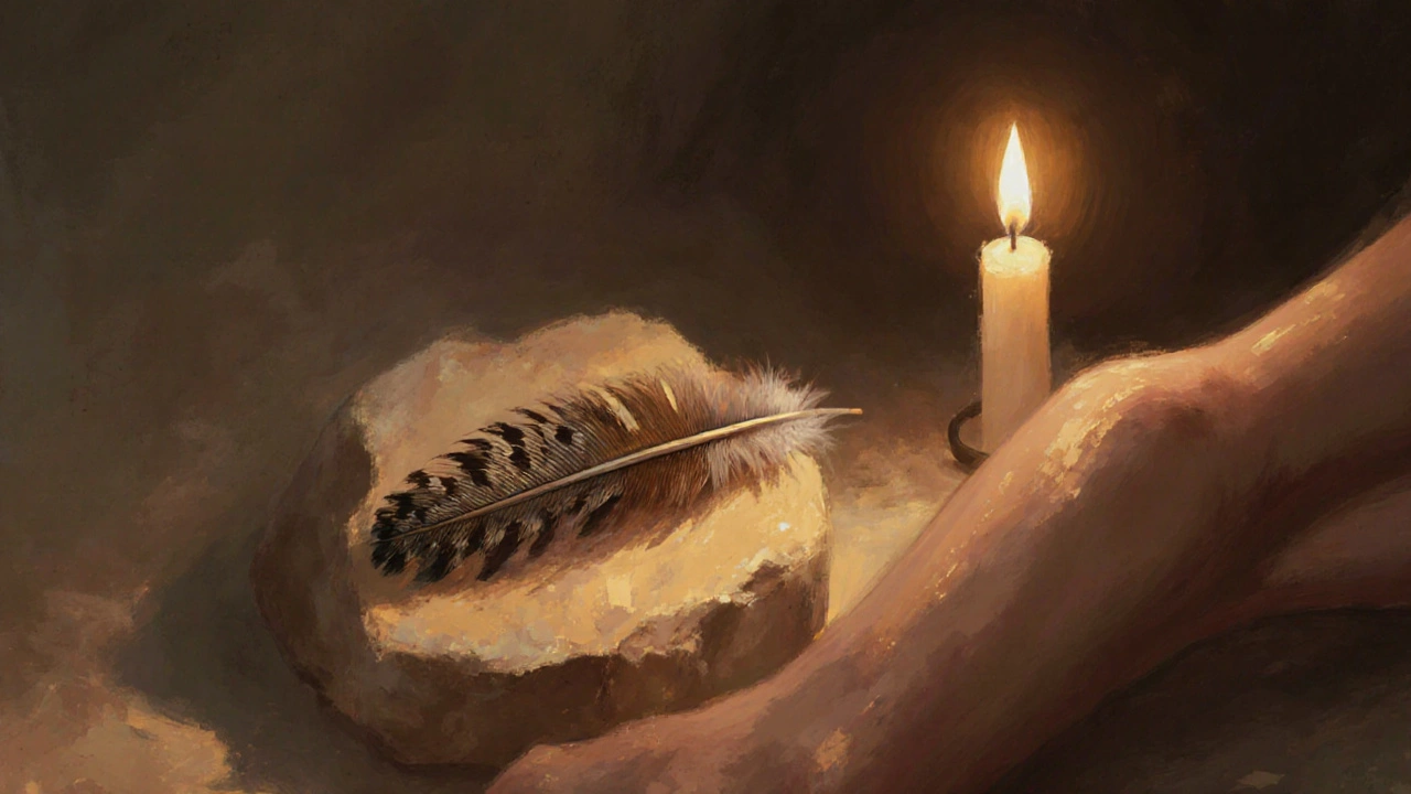 Pštrosí pírko leží na teplém kameni v klidném prostředí.