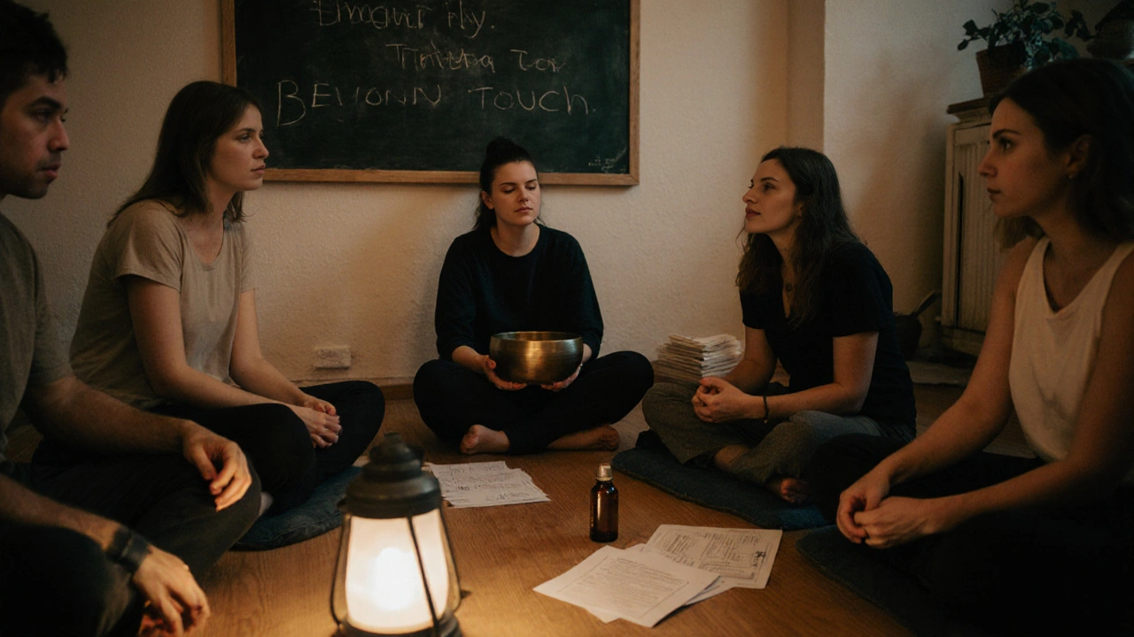 Skupina lidí v klidném workshopu poslouchá vedoucí s pěvčími mískami, plná klidné pozornosti.