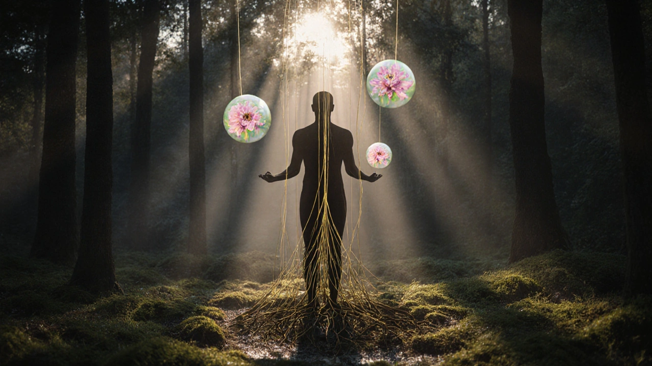 Surreální obraz člověka spojeného s přírodou zlatými vlákny klidu a obnovy.