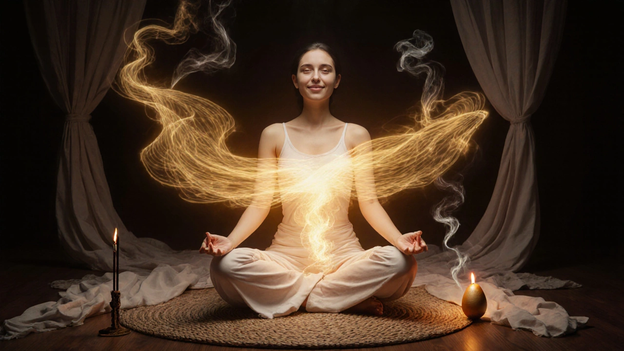 Žena v lotosu je obklopena zlatými vlnami energie, které se šíří po těle — znázornění celotělového pohybu energie.