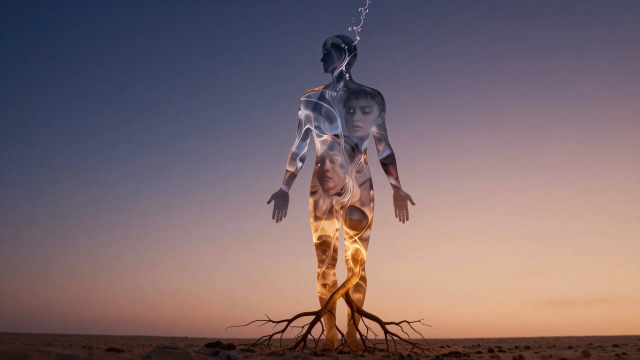 Abstraktní symbol těla jako proudů světla a vody, vyjadřující integraci prožitku.