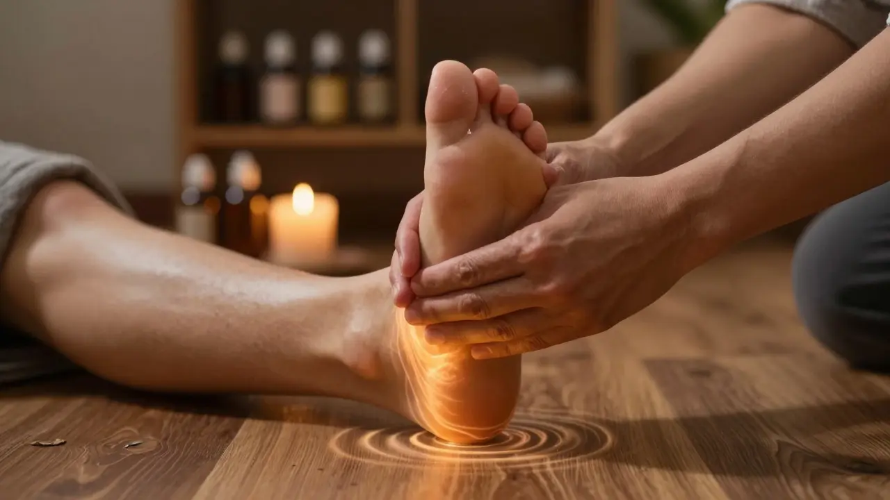 Dvě ruce drží nohu, z paty vystupují vlny energie, které proudí do podlahy, v pozadí jsou bylinné oleje.