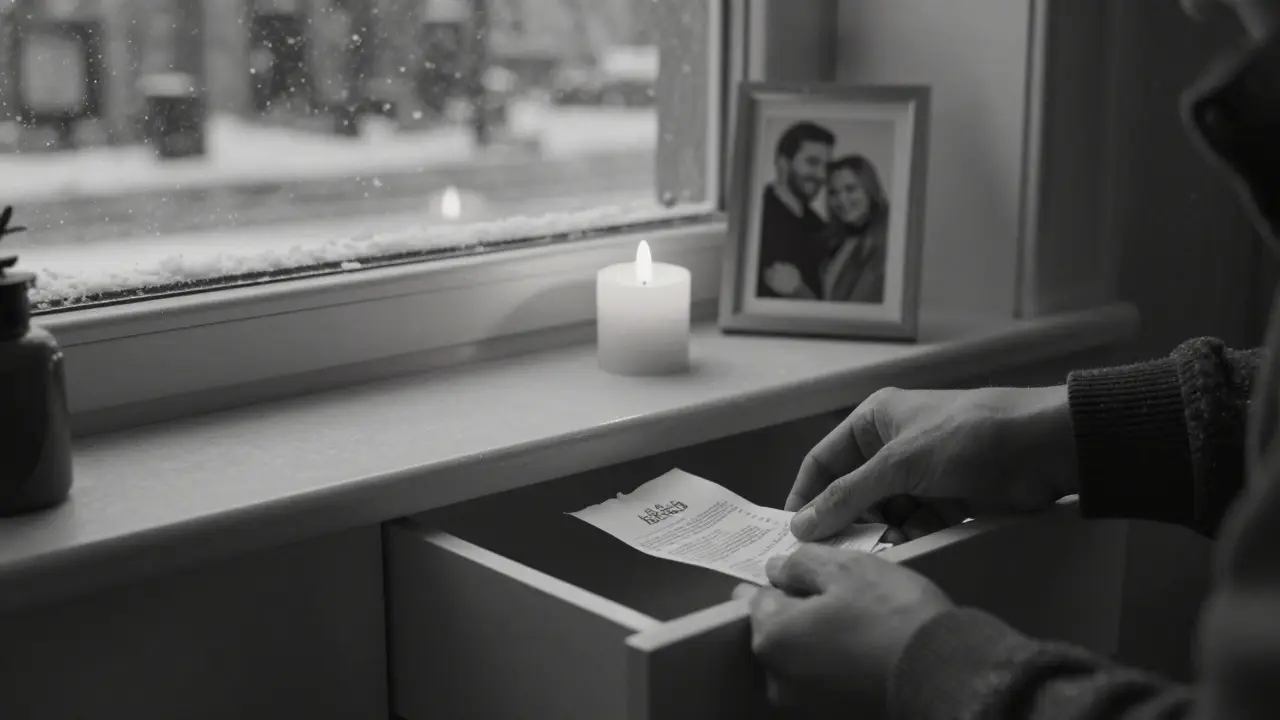 Dvě ruce, jedna ukládá poukaz do šuplíku, druhá drží svíčku u okna.