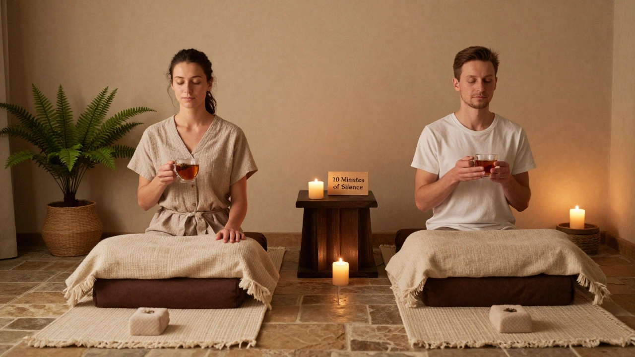 Dvojice sedí v klidu před masáží, drží čaj a dýchá společně v tichém, teplém prostředí wellness centra.