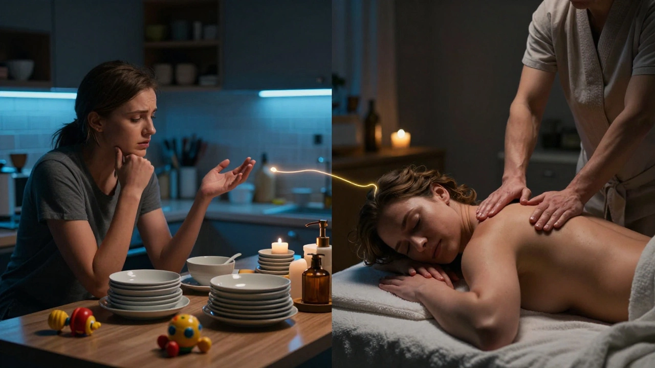 Kontrast mezi napětím v domácnosti a klidem při párové masáži — stejní lidé, dvě různé reality.