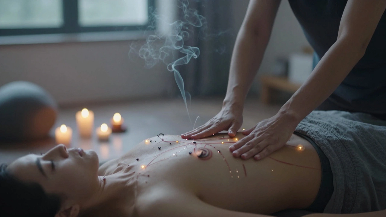 Modern tantric massage with gentle touch and glowing energy points in a quiet, candlelit studio.