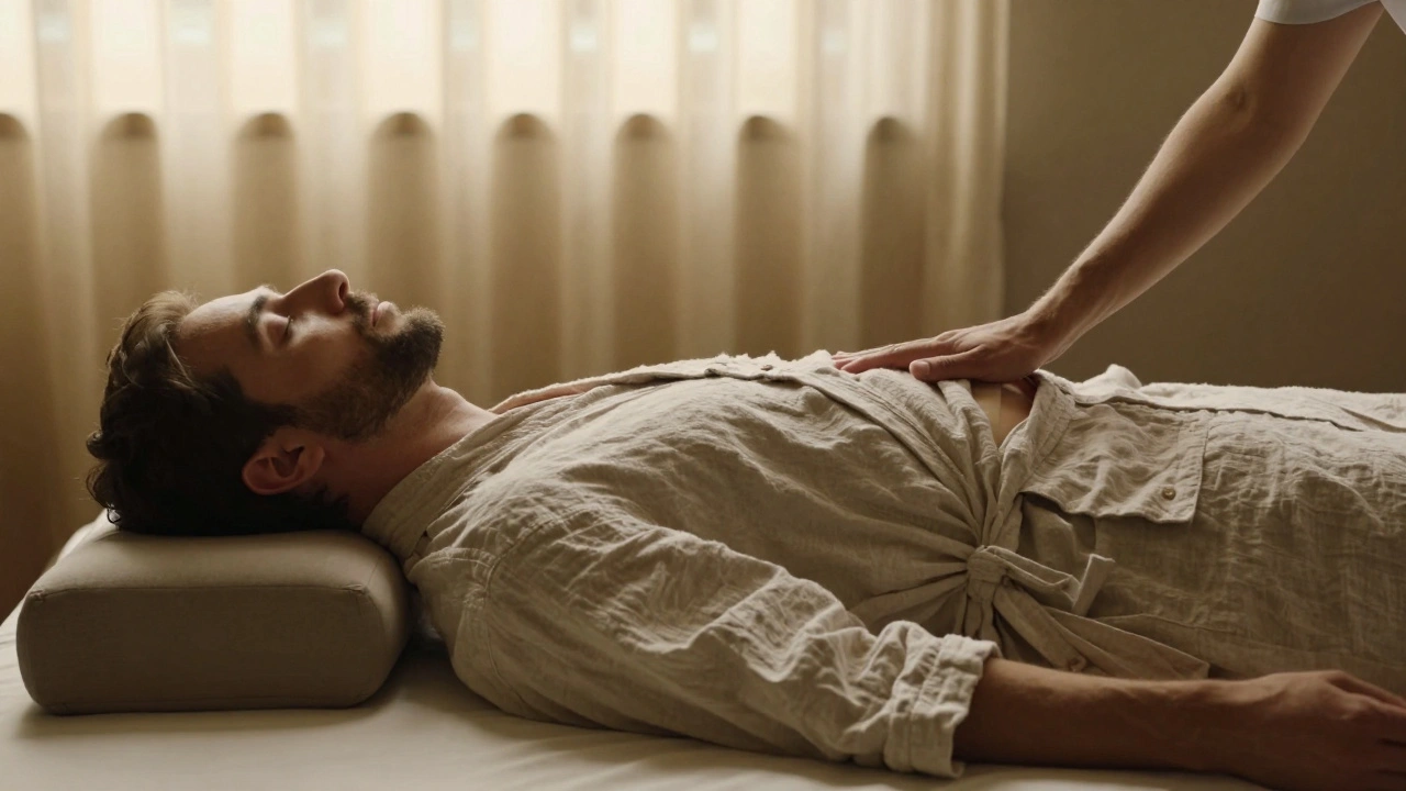 Muž v klidu po masáži, pokrytý plátnem, s rukou na břiše, v klidném osvětlení.