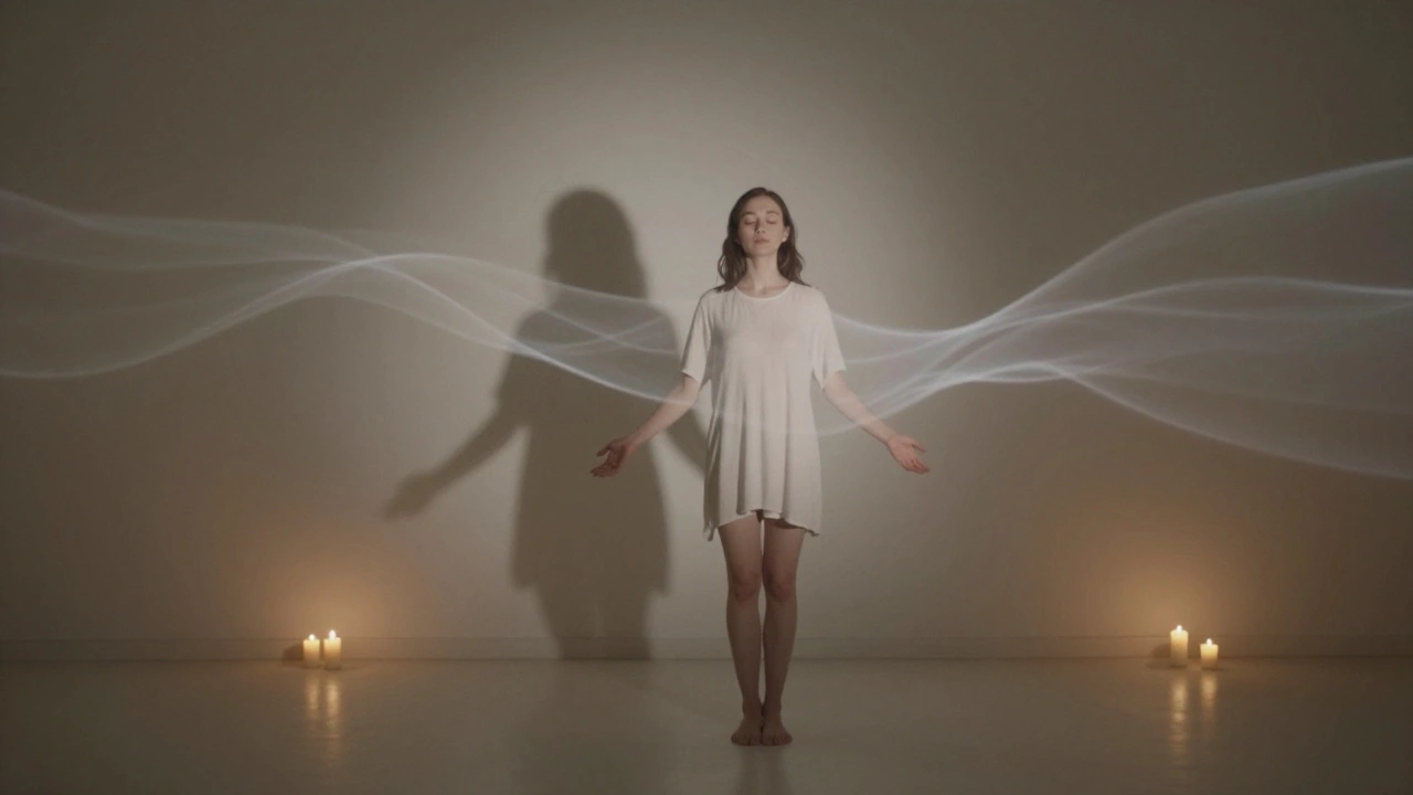 Osoba stojí v tiché místnosti s otevřenýma rukama, její stín se mění v proudu světla.