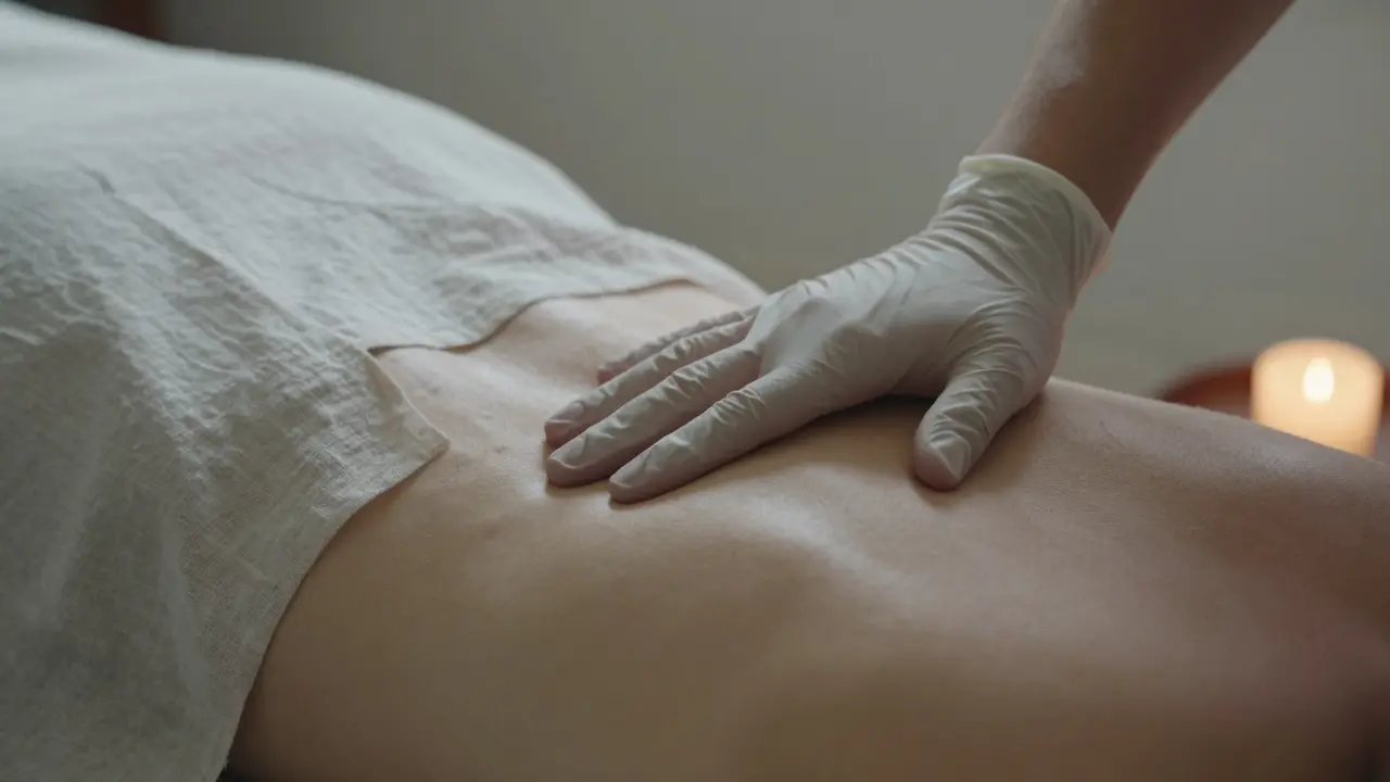 Pomalý dotek ruky přes lněnou prostěradlo, jemné světlo, bez slov, jen úmyslný kontakt.