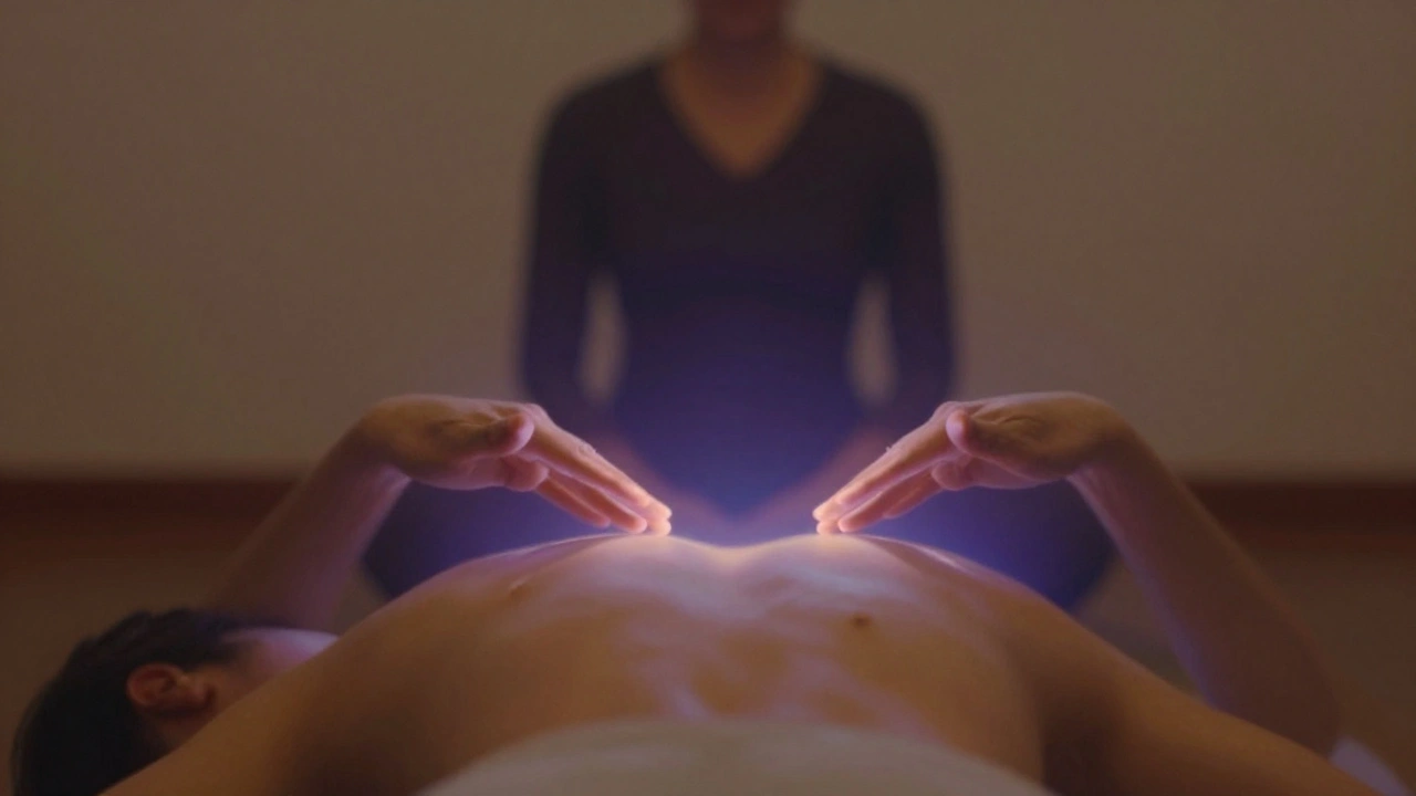 Ruce se dotýkají vzduchu nad zády, obklopené jemným zářivým zábleskem.