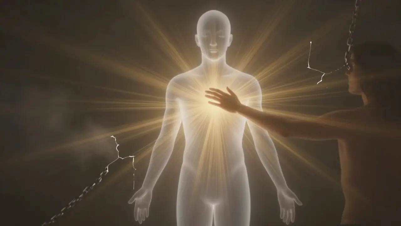 Symbolický obraz bezpečného doteku: zlaté paprsky spojují tělo s klidem, řetězy se rozpadají ve světle.