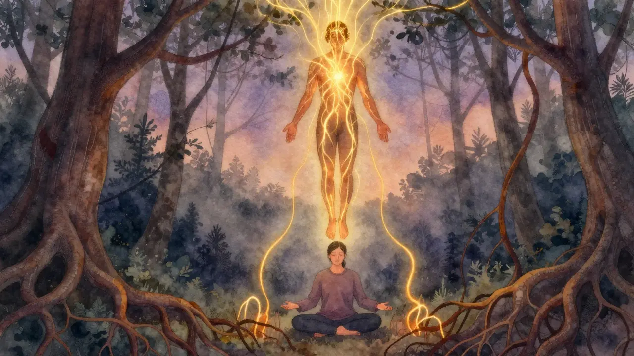 Tělo je propojeno zlatými energiemi sestupujícími z nohou do země, symbolizující uzemnění po tantrické masáži.