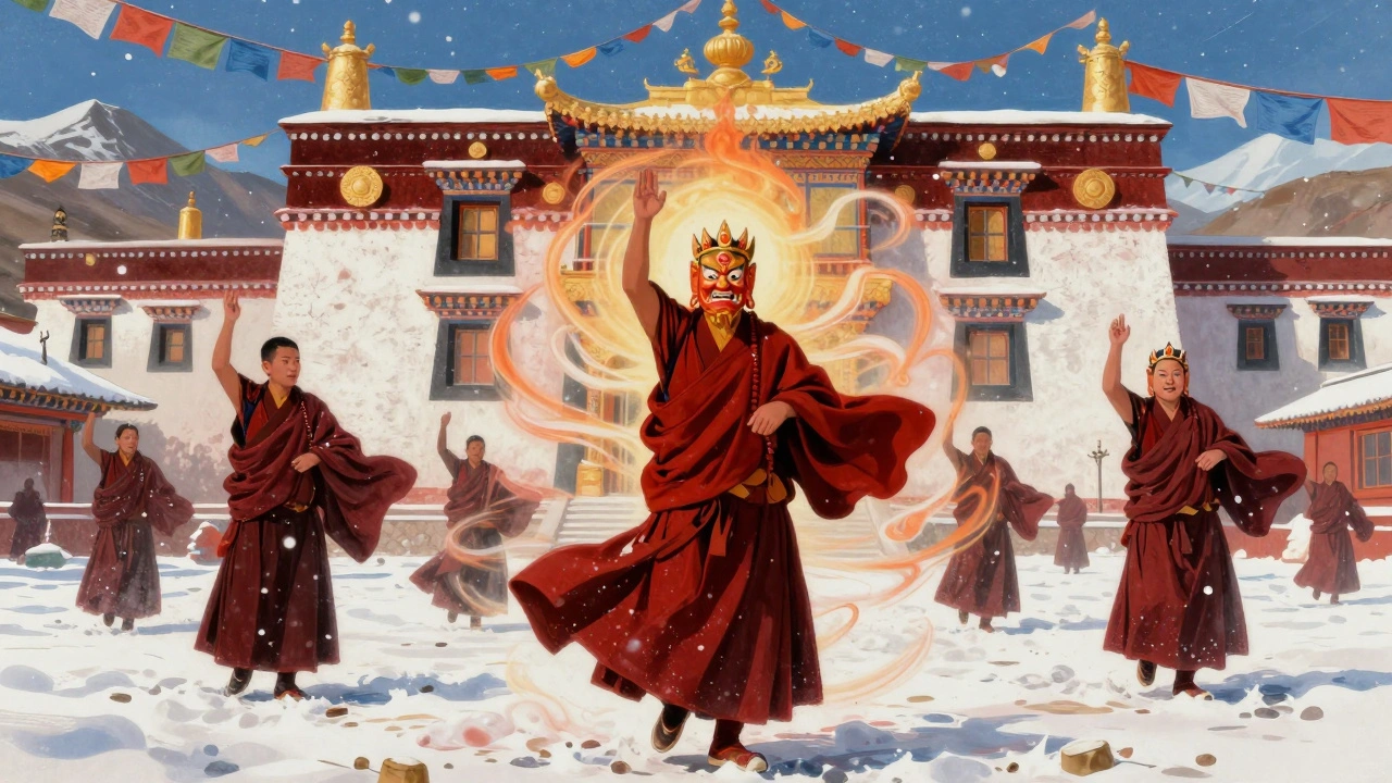 Tibetan monks performing sacred Cham dance in Himalayan monastery with prayer flags and swirling energy.