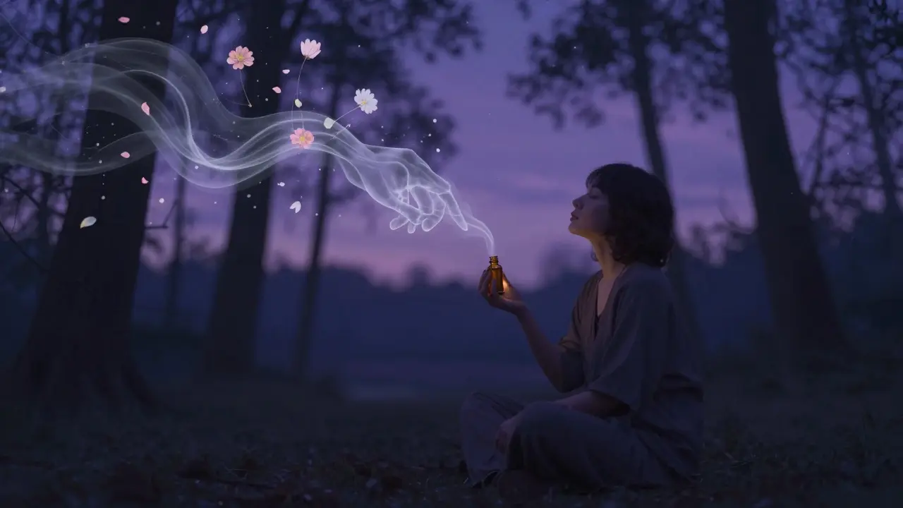 Osoba v lesním prostředí ve večerním světle drží lahvičku s éterickým olejem, ze které se vynořují abstraktní vůně v podobě květů a rukou.