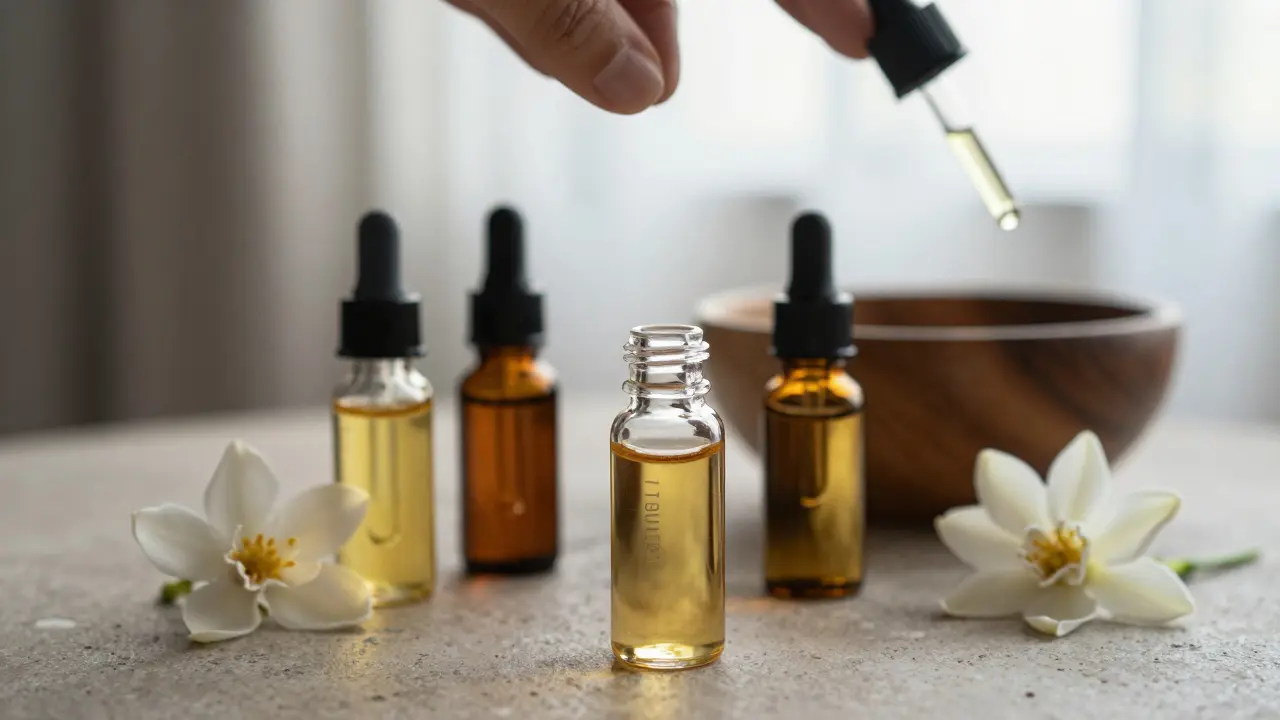 Pět malých skleněných lahviček s éterickými oleji a dřevěným mískou s nosným olejem na kamenité ploše.