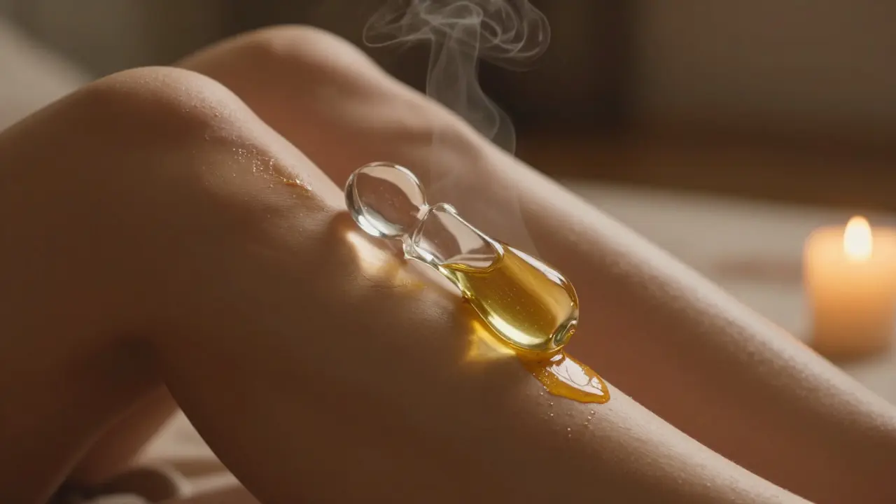 Skleněný dildo leží na vnitřní straně stehna s olejem a jemným párem, svíčka září v pozadí.