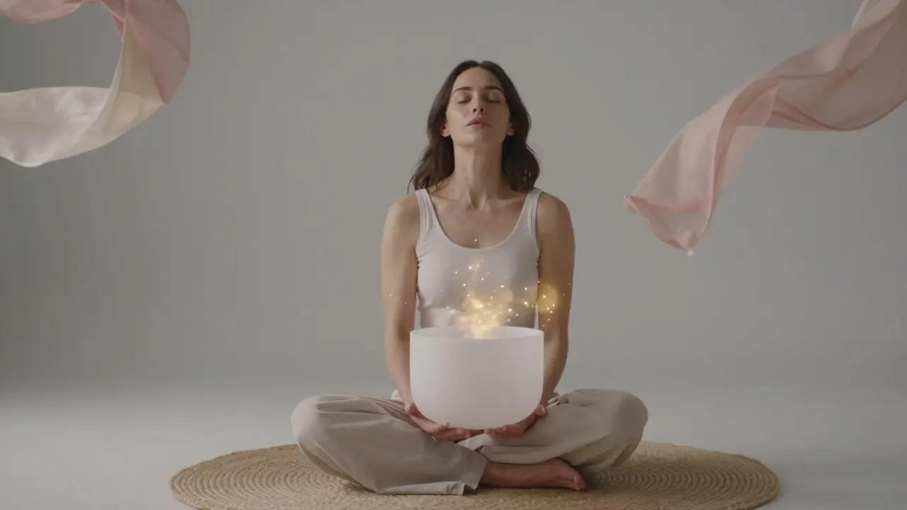 Žena sedí na koberci, vibrace z křišťálové misky se šíří kolem její pánve, tělo se jemně třese.