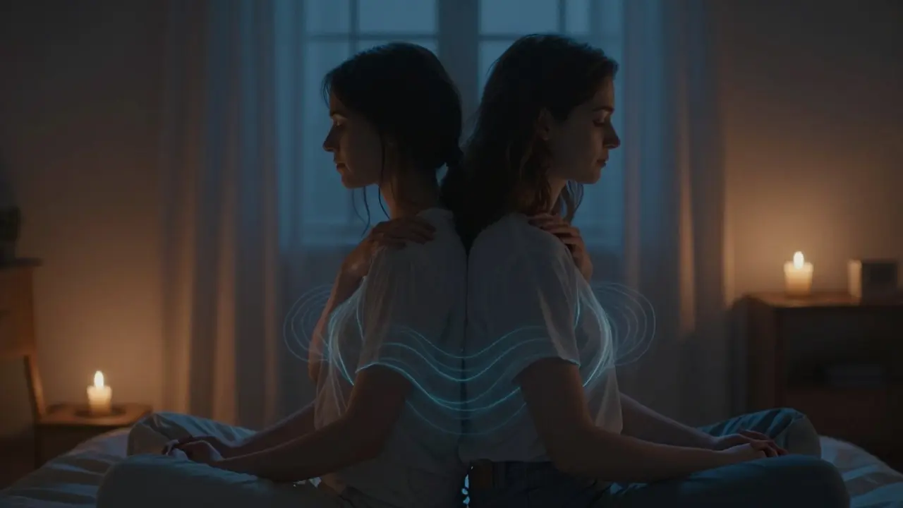 Dva lidé sedí zády k sobě, jemně se dotýkají ramen, kolem nich jemné světlo a synchronizovaný dech.