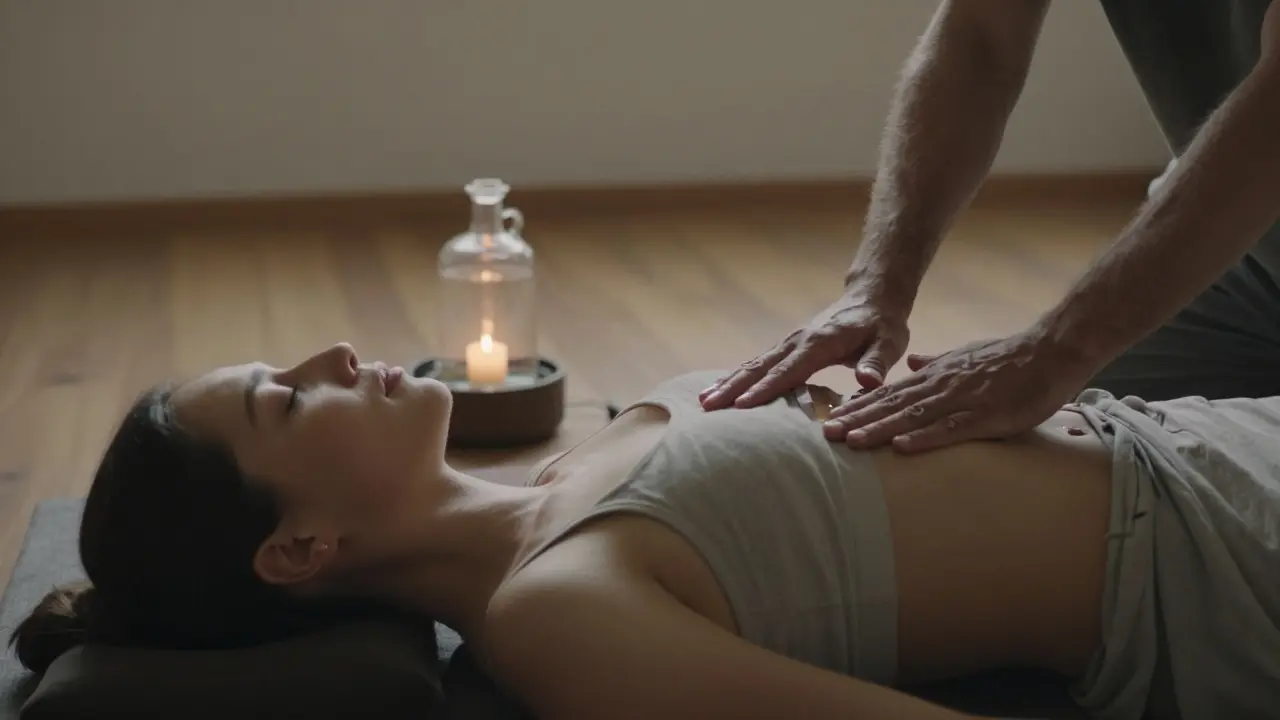 Dvojice v klidném prostředí, muž aplikuje olej na břicho ženy při tantrické masáži, teplota 34°C, v pozadí vodní lázeň s láhví.