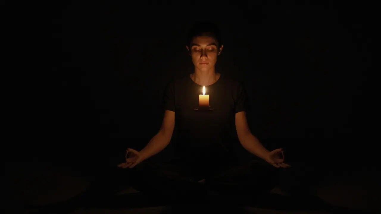 Osoba meditující Trataka na plamen svíčky v tmě