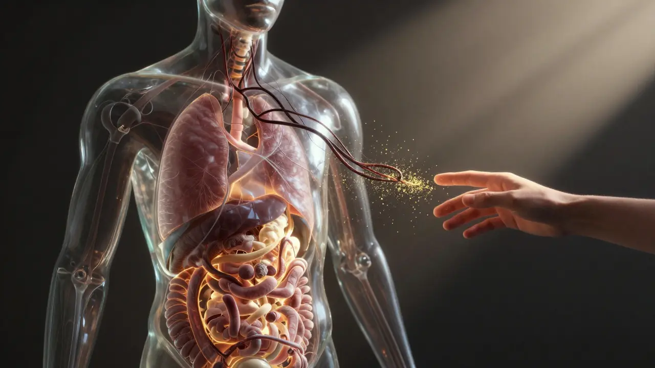 Průhledné tělo s rozptýlenými napětími, které se mění v zlaté částice, zatímco klidná energie zvenčí obnovuje harmonii.