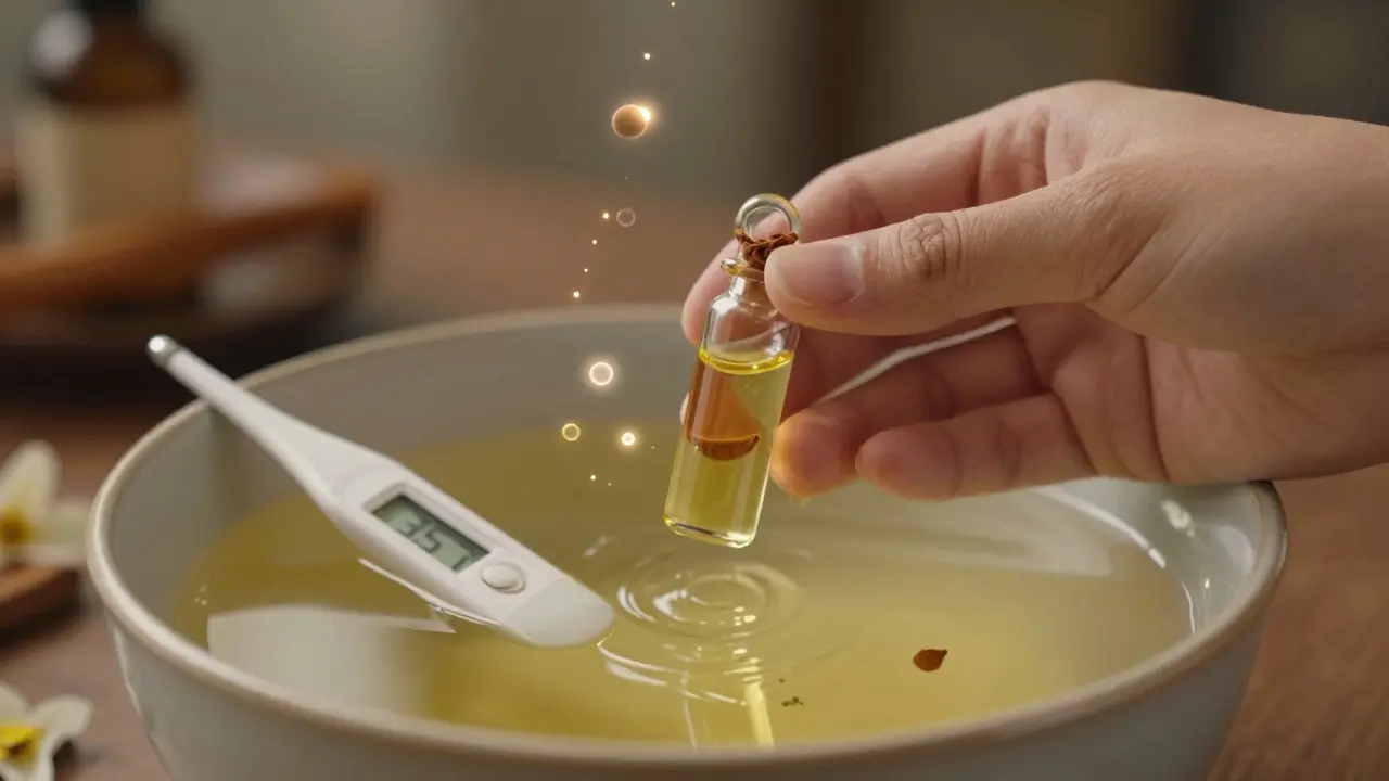 Ruka drží skleněnou láhev s olejem v teplé vodě, digitální teploměr ukazuje 35,7°C, jemné světelné částice představují éterické oleje.