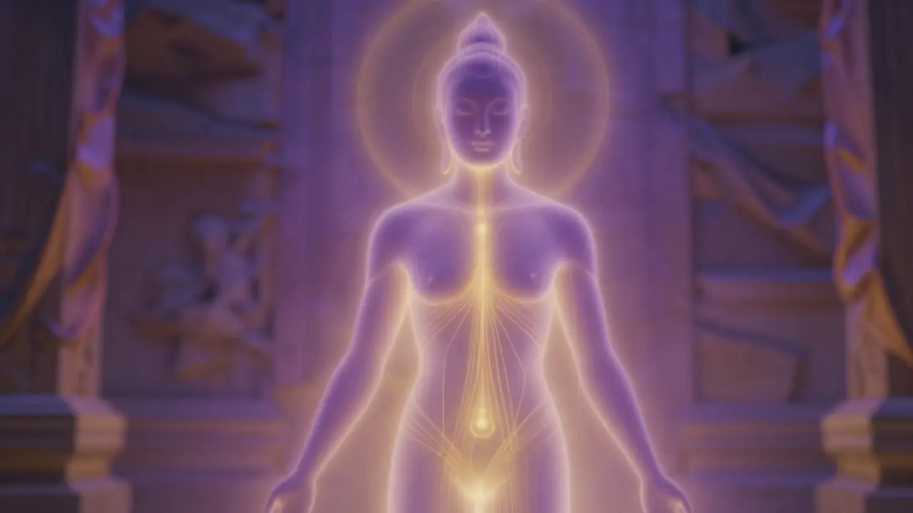 Abstraktní zobrazení těla vyzařujícího zlatými a fialovými energetickými vlákny v tichém rituálním prostředí.