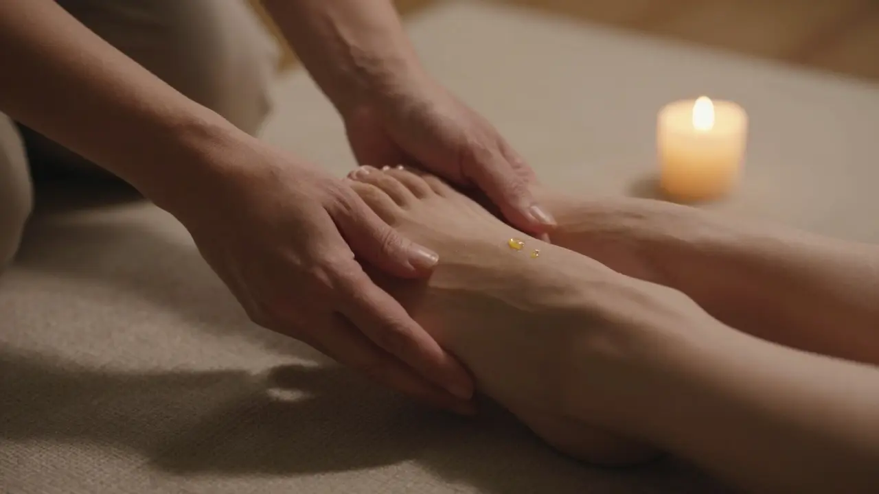 Dvě ruce jemně dotýkají nohy v tichém, světelném prostředí, zdůrazňujíce úctu a přítomnost.