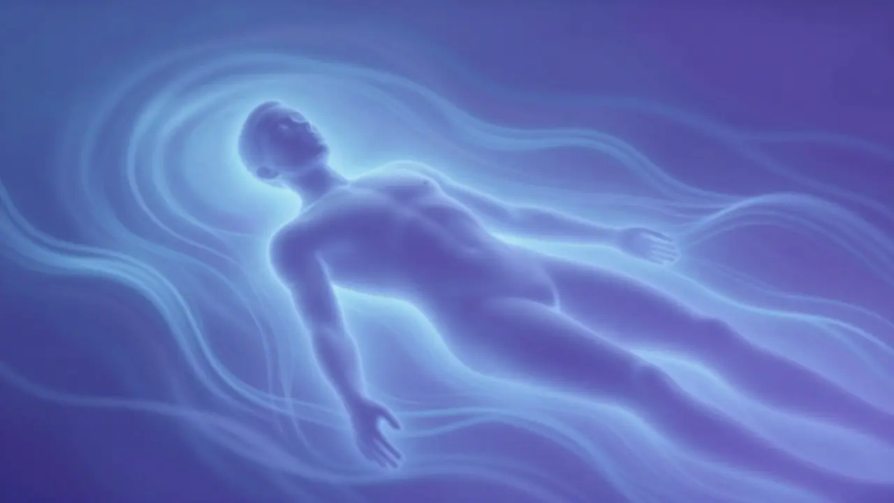 Klidná osoba v meditační poloze v měkkém světle, představující relaxaci.