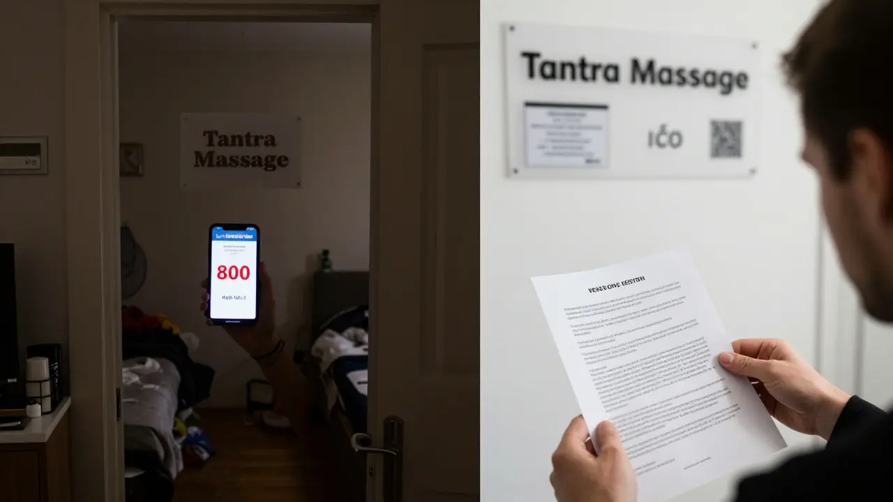 Porovnání legitimního a nelegitimního tantrického salónu: profesionální prostor vs. podezřelý byt s nízkou cenou.