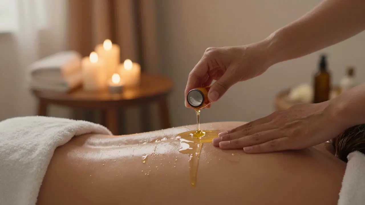 Ruce nalévají teplý kokosový olej na záda, svíčky a přírodní textury v pozadí, klidná atmosféra masáže.