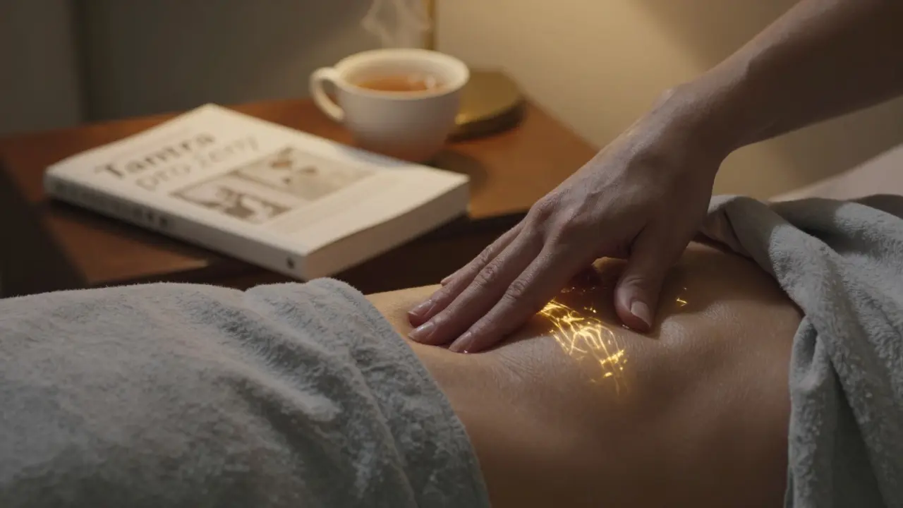 Ruka stiskne oblast mezi pohlavními orgány a anem, viditelná jemná zlatá energie.