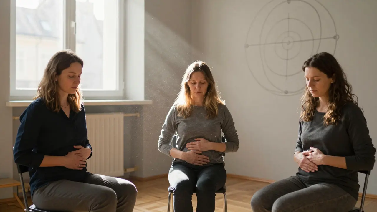 Tři ženy v kruhu v českém workshopu meditují společně, sluneční paprsek je spojuje.