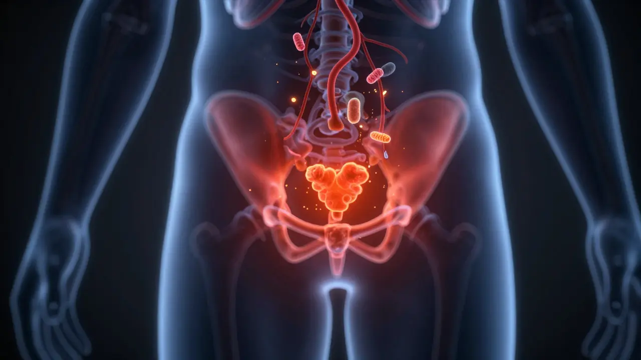 Anatomická ilustrace pánve muže s červeným podsvěcením prostaty značícím zánět.