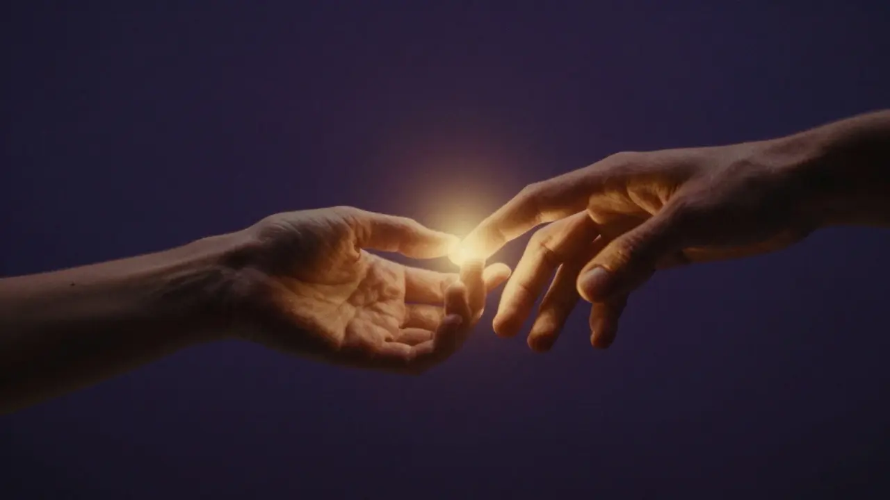 Detail dvou rukou s jemným zlatým světlem symbolizujícím energetické propojení.