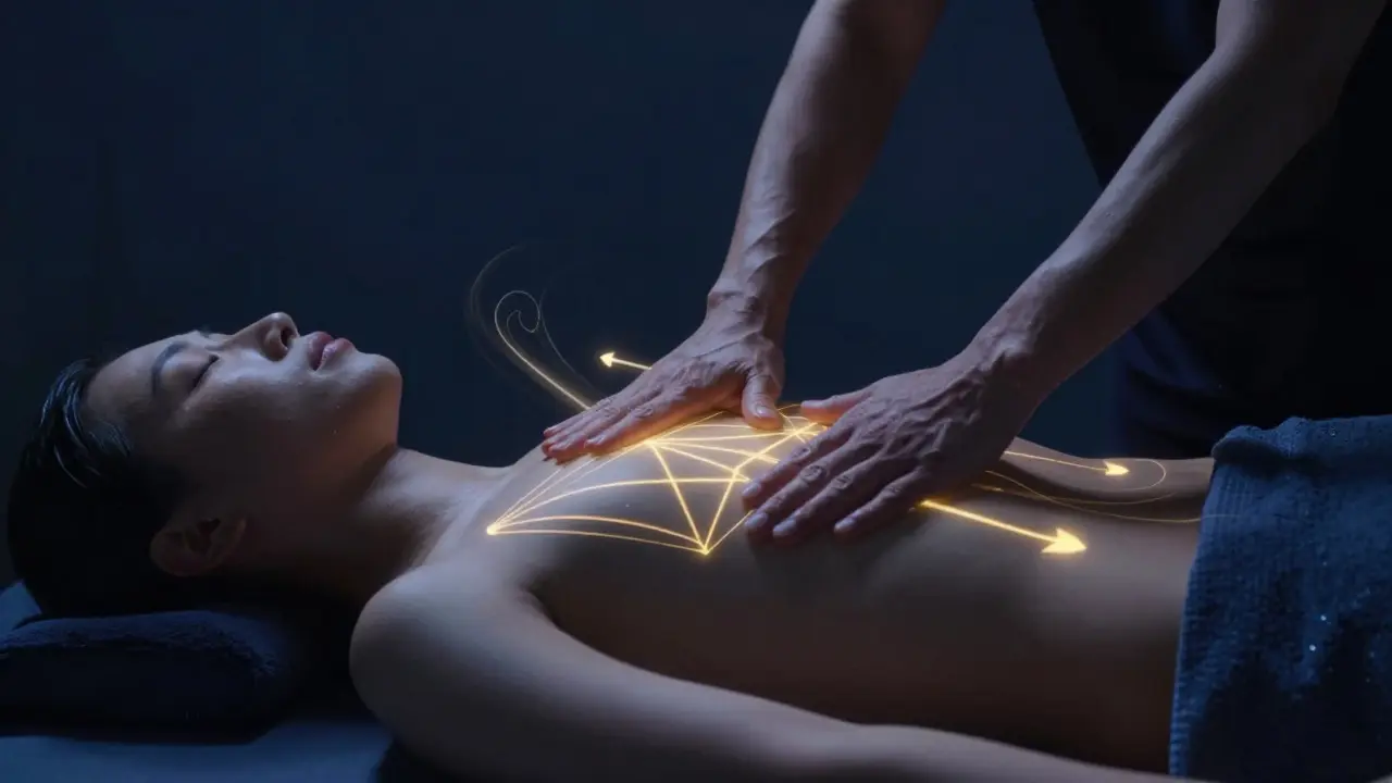 Futuristická vizualizace augmentované reality s holografickým návodem na masáž.